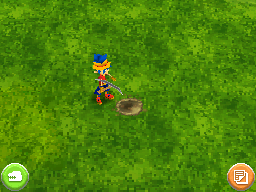 a screenshot from Fossil Fighters showing the player character holding a pickax, with the hole from before on the ground in front of him